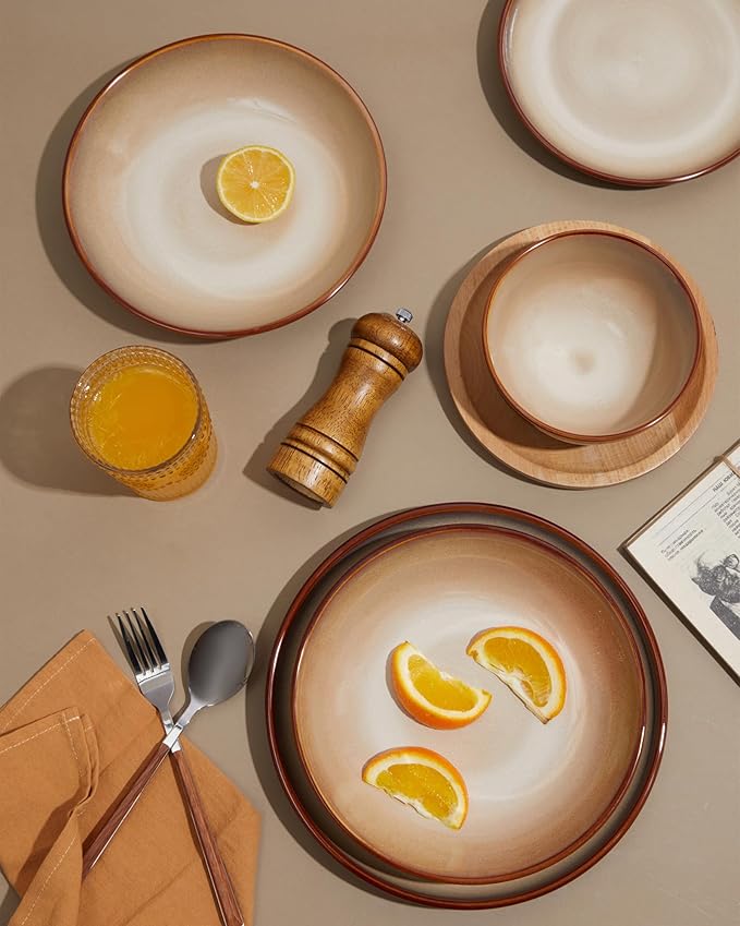 Ceramic Dinnerware Sets for 6, 18 Pieces Stoneware Plates and Bowls Sets, Chip and Crack Resistant Dishes, Dishwasher & Microwave Safe Dishware Sets, Brown Yellow