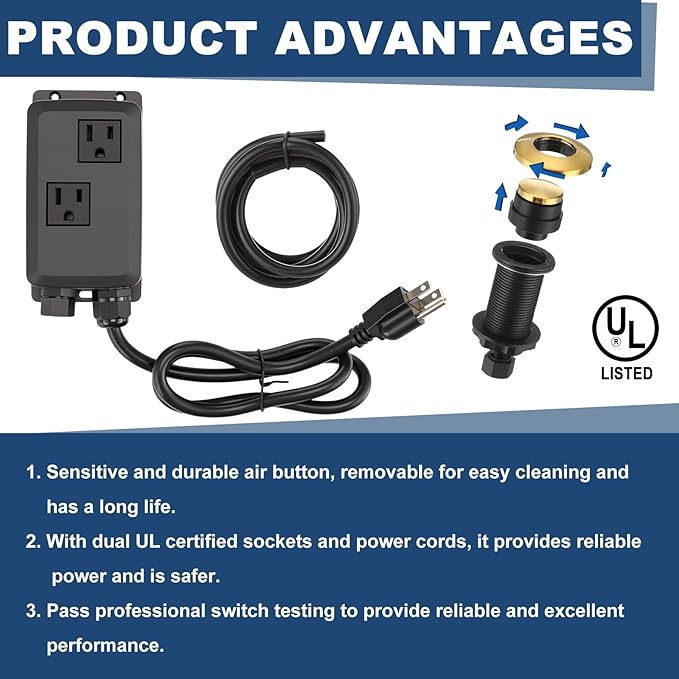 Garbage Disposal Air Switch Kit Dual Outlet Sink Top Waste Disposal On/off Stainless Steel Satin Nickel Button Extra Long Food and Waste Disposer, UL List(Gold)