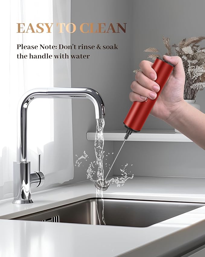 Milk Frother Rechargeable with Cover - Coffee Frother Wand, Drink Mixer Handheld with 2 Detachable Stainless Whisks 2 Speed Adjustable for Latte, Cappuccino, Hot Chocolate, Egg, Red