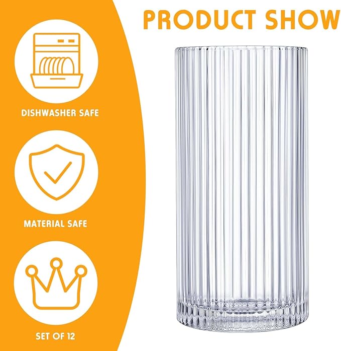 Zhehao 12 Pcs Ribbed Drinking Glasses Set 9 oz 12 oz Glass Cups Vintage Glassware Ribbed Cocktail Cup Clear Ice Coffee Highball Ripple Drinkware for Home Bar Beverages