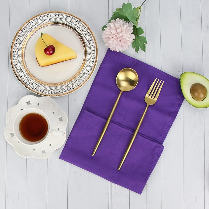 Solid Color Linen Blended Thin Dinner Cloth Napkins - Set of 12 (40 x 40 cm) - for Events & Home Use (Purple)