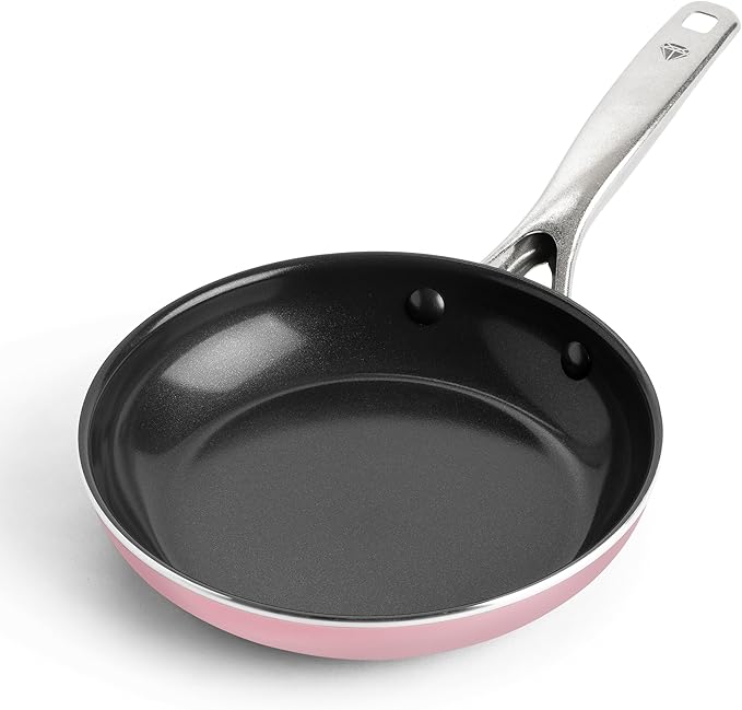 Blue Diamond Frying Pan 8” Skillet, Diamond Infused Healthy Ceramic Nonstick, PFAS and PFOA-Free, Dishwasher and Oven Safe, Even Heating, Metal Utensil Safe, Warp Control Base, Pink