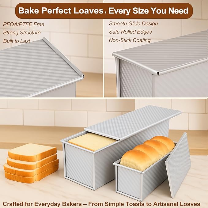 2-Pack Pullman Loaf Pan with Lid –Includes Two Size 13 * 5" & 8.4 * 4.8" Loaf Pan, Silver Textured Finish, Vented Bottom, Nonstick Bread Pan Set, Ideal for Sandwich Bread, Toast, Sourdough