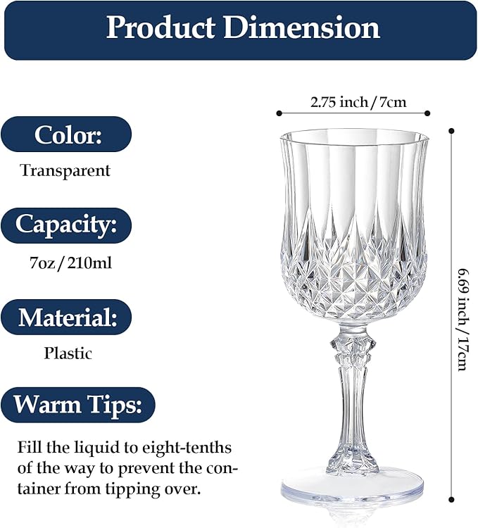 XUWAIDSGN 24 Pcs 7oz Plastic Vintage Wine Glasses Drinking Glasses Unbreakable Wedding Glassware Crystal Water Goblets Reusable Drinkware Vintage Champagne Flutes (24, Clear)