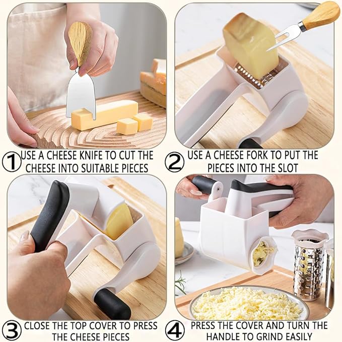 Cheese grater with handle, rotary cheese grater with 3 stainless steel Drums and 2 cheese tools and cleaning brush, ergonomically designed, can be used to grate Parmesan cheese, chocolate, nuts, etc