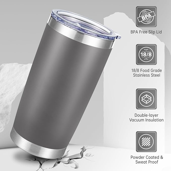 20 oz Tumbler Stainless Steel Tumblers with Lid Double Wall Vacuum Insulated Coffee Mug 20oz Powder Coated Cup for Hot and Cold Drinks, Gray, 1 pack