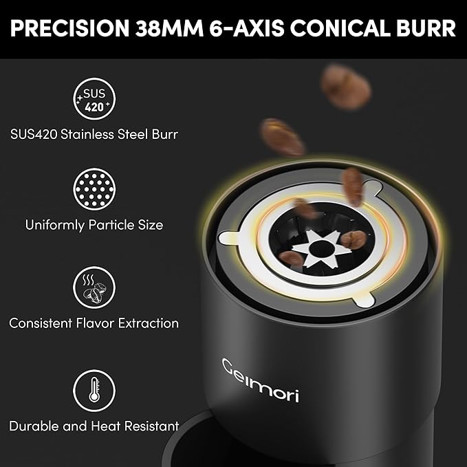 Burr Coffee Grinder,Wirsh Portable Electric Coffee Grinder Geimori T38 Plus with 38mm 6-Core Conical Burr,Stepless Grind Settings from Fine to Coarse for Espresso,Drip,French Press,Home&Travel Use