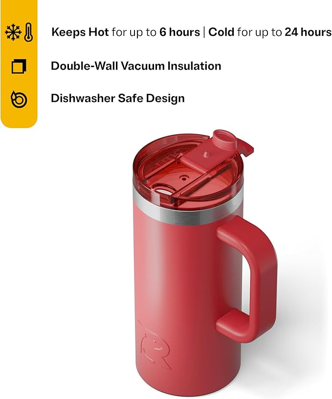 RTIC 16oz Road Trip Travel Mug with Lid and Handle, Ceramic Lined, Insulated, Stainless Steel, Metal, Double Wall Vacuum-Insulation, Portable Coffee, Tea Cup for Hot and Cold Drink, Flag Red