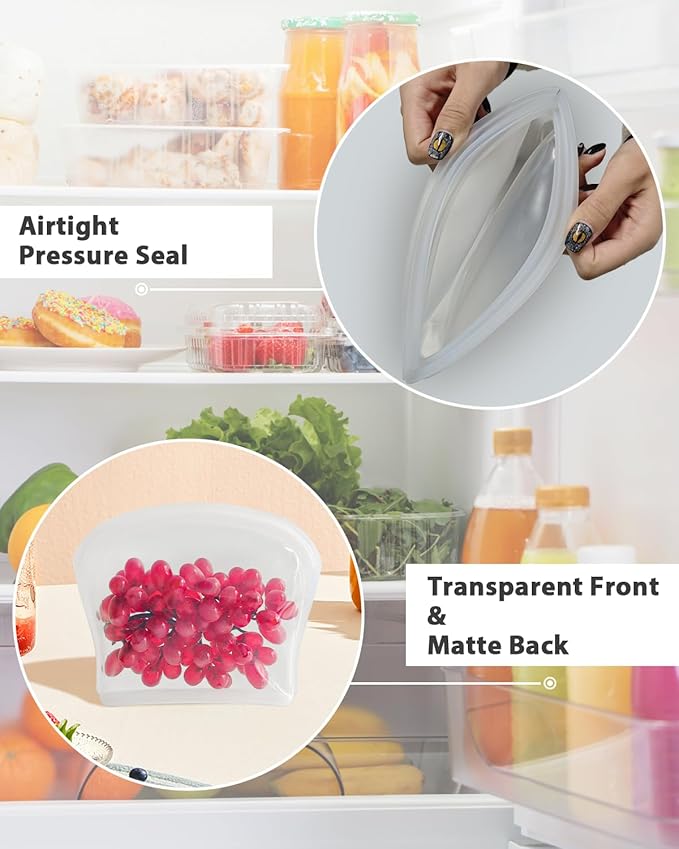 Reusable Silicone Storage Bag, 8Pack Pocket, Snack, and Sandwich Bag, Endurables Seal-Top Silicone Bags for Food Storage, Freezer, Microwave, Oven, Dishwasher Safe (Clear & Peach)