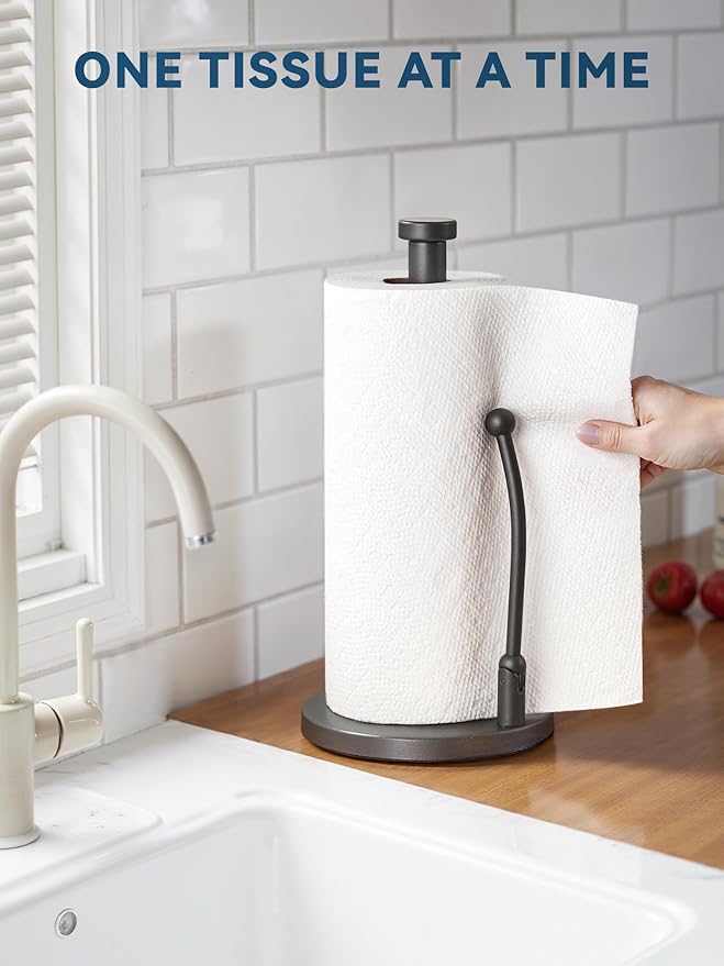 SMARTAKE Paper Towel Holder, Paper Towel Dispenser Standing Weighted Base Non Slip, Spring Arm for Easy Tear, Stainless Steel Paper Towel Holder for Home Kitchen Countertop Tabletop, Metallic Gray