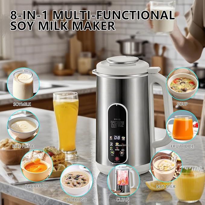 8 in 1 Nut Milk Maker Machine, Stainless Steel Automatic Nut Milk Maker, Delay Start & Keep Warm & Boil Water & Low Noise & Self-Clean, Soy Milk Maker for Almond, Oat, Juice, Coconut