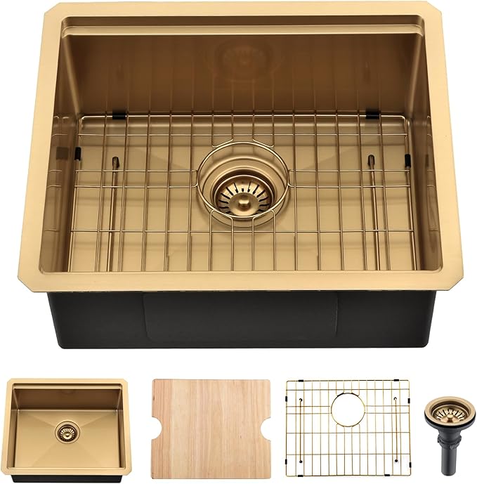 Small Gold Kitchen Sink, 21 x 18 Inch Gold Wet Bar Prep Undermount Kitchen Sink Workstation 16 Gauge Stainless Steel Single Bowl Basin
