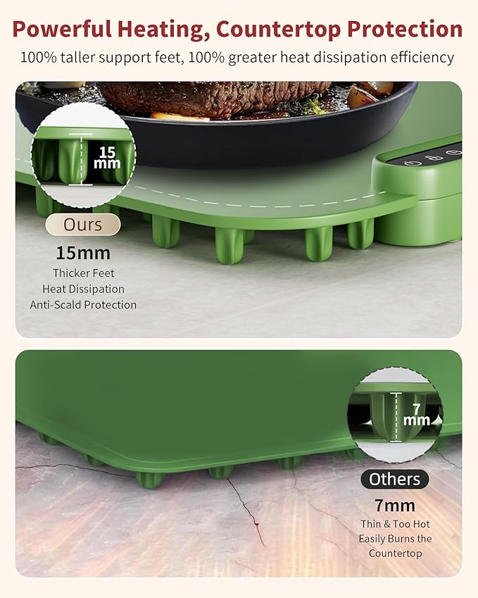 Warming Mat for Food, Upgraded Fast-Heating Electric Warming Tray with 7 Temp Levels & 8 Timers, Buffet Raised Feet & Rollable Silicone Heat Pad, Portable Food Warmer for Home, Party & Travel(Green)