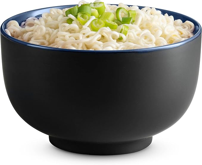KooK Ramen Bowl, Japanese Bowls, Noodle Bowls, Large Soup Bowl, Ceramic, Large Capacity, For Ramen, Pho, Udon, Soba, Microwave and Dishwasher Safe, 34 oz, Set of 4 (Black/Navy)