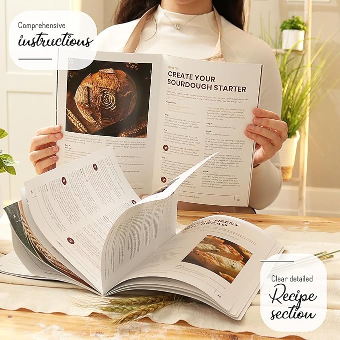 All-Inclusive 𝗣𝗥𝗘𝗠𝗜𝗨𝗠 Sourdough Starter Kit with Pot, 34 Oz Starter Jar, 4 Banneton Bread Proofing Baskets, Scraper, Scale, Sourdough Bread Baking Supplies, Detailed Beginner Guide & Recipes
