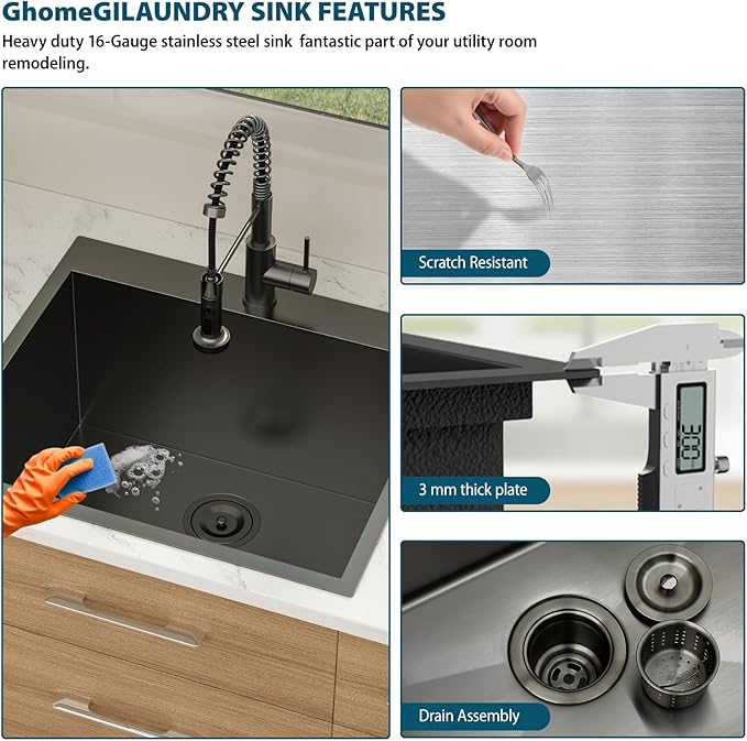 25 Inch Deep Drop In Laundry Sink - Ghomeg 25x22x13 Inch Black Laundry Utility Sink Drop In Topmount Single Bowl 16 Gauge Stainless Steel Above Counter Kitchen Laundry Room Sinks