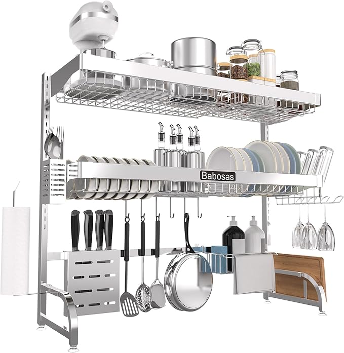 Over The Sink Dish Drying Rack,3 Tier Adjustable Length (25.5'' to 37.4'') Full Stainless Steel Large Storage Kitchen Dish Rack,For Kitchen Counter Expandable Multifunctional Organizers,Silver