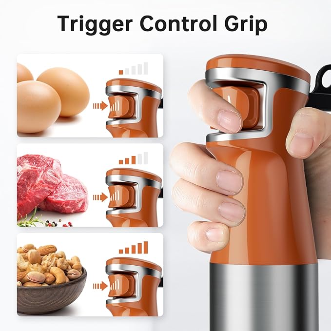 Immersion Blender Handheld Corded Hand Blenders Set 1100W, Trigger Variable Speed 5 in 1 Stick Emulsifier with Chopper, Whisk and Frother for Soup, Baby Food and Smoothies, Orange