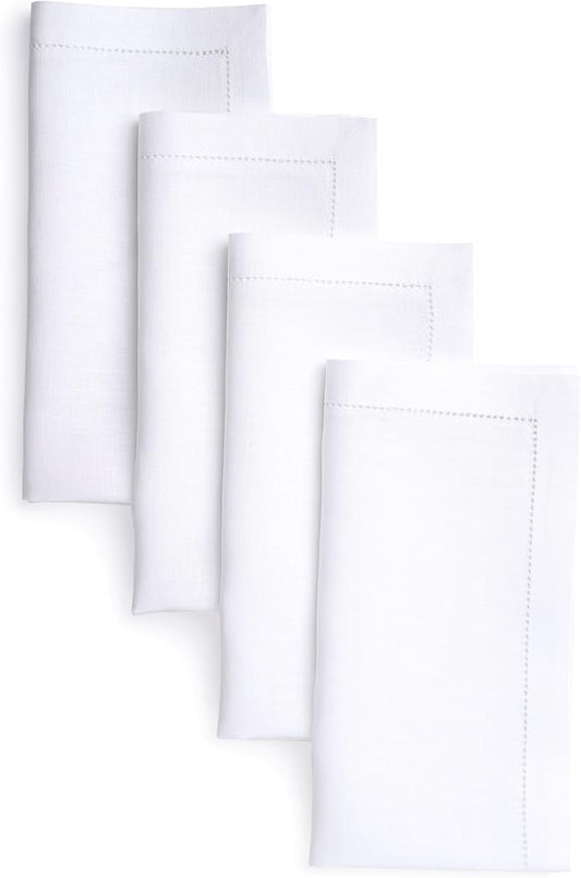 D'Moksha Homes White Linen Napkins Set of 4 - Classic Hemstitch 100% Pure Linen Hemstitch Dinner Napkins 20 x 20 Inch for Fall, Thanksgiving, Christmas, Holiday - Handcrafted and Machine Washable