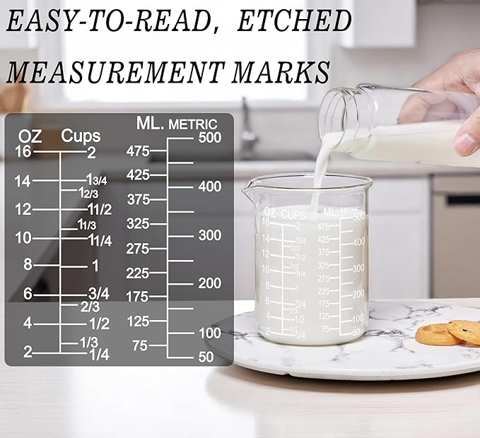 Ackers Etching Scale Glass Measuring Cup Set, Includes 1/2-Cup, 1-Cup, and 2-Cup Liquid Measuring Cups, Dishwasher, Freezer, Microwave, and Preheated Oven Safe, Essential Kitchen Tools