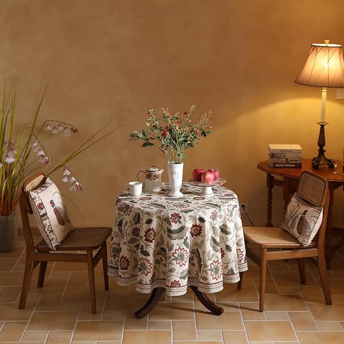 French Tablecloth for Round Tables,Linen Table Cloth with Red Flowers Pattern,Heavy Durable Table Cover for Dining Thanksgiving Kitchen Decor Party Christmas,Diameter 55"