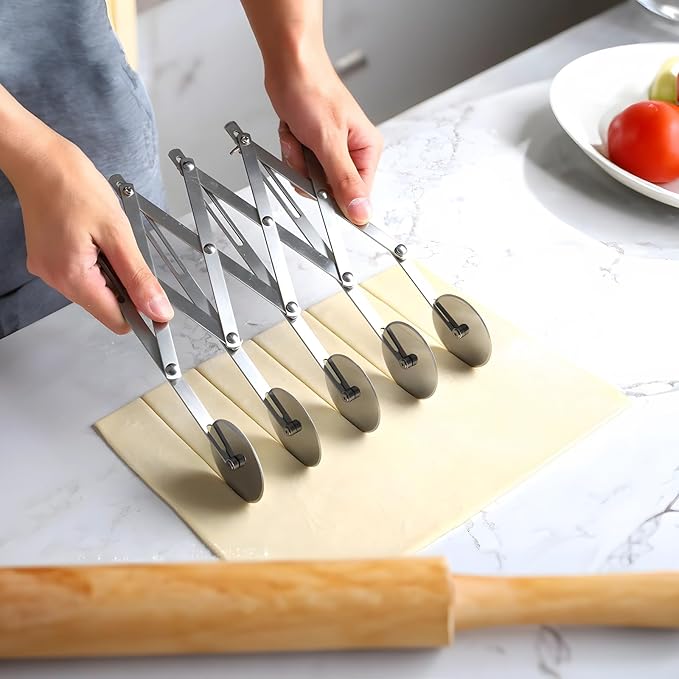 Professional 5-Wheel Pizza Cutter Roller, 9.6 Inches Expandable Stainless Steel Pastry Divider with Handle, Multi-Purpose Dough Slicer for Pizza, Pasta, Pie Crust, Cookie, and Professional Baking