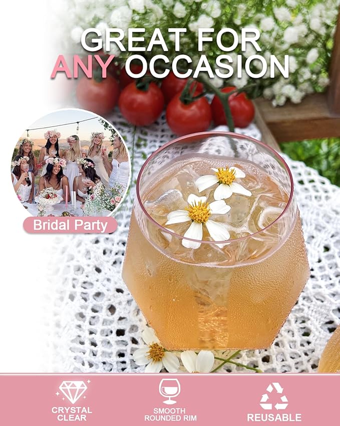 40 Pcak Plastic Stemless Wine cocktail Whiskey Champagne Glasses, 12 Oz Disposable Unbreakable Cups for Party Bars Wedding Tasting (Pink)