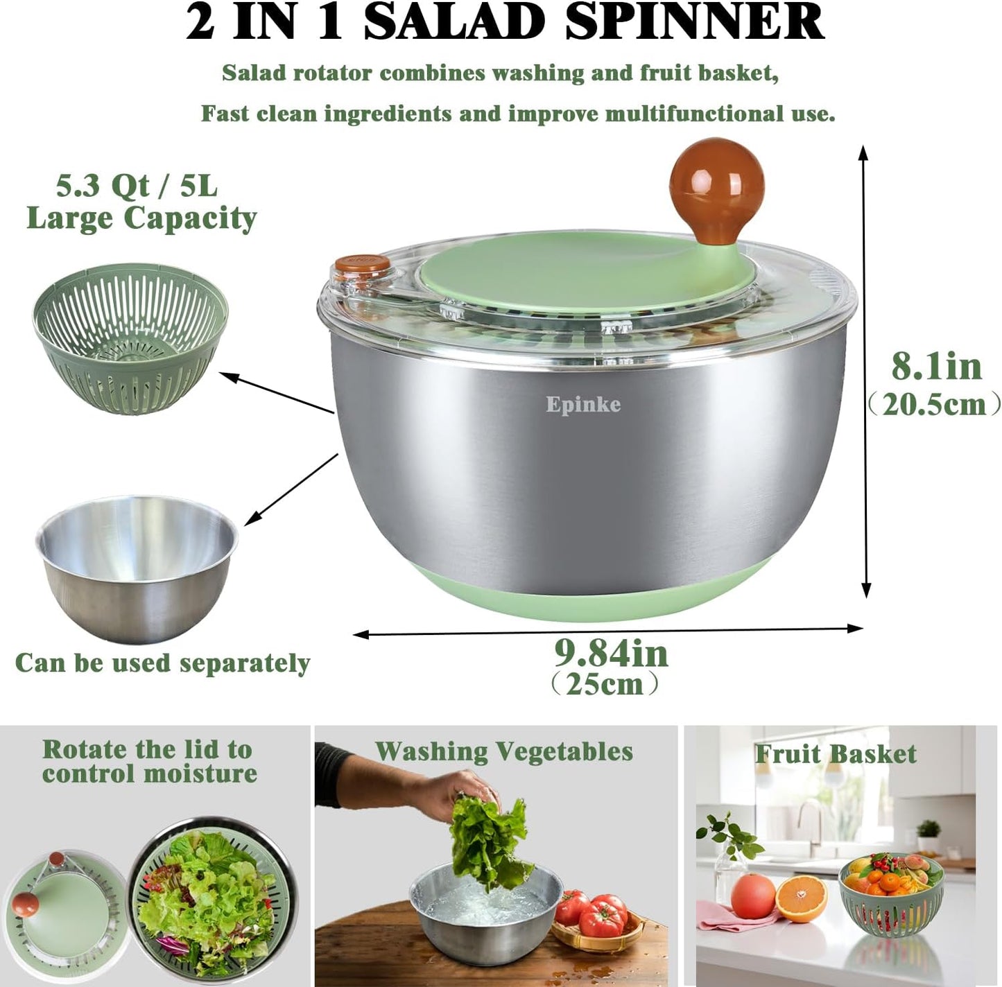 5.3Qt Stainless Steel Salad Spinner with Stop Button, Vegetable Dryer Spinner, Salad Spinner Stainless Steel with Drain, Non-Slip Base, Dishwasher Safe