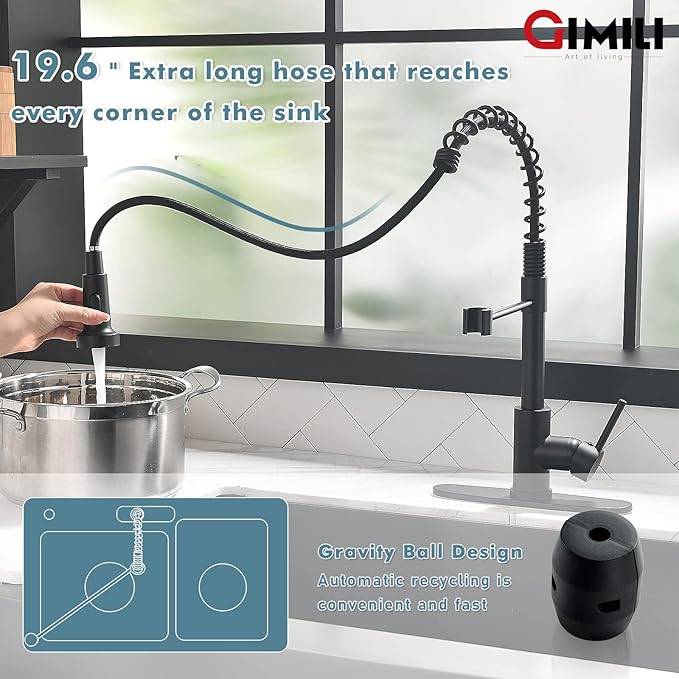 GIMILI Matte Black Kitchen Faucet with Soap Dispenser, Commercial Single Handle Spring Pull Out Kitchen Sink Faucets with Pull Down Sprayer