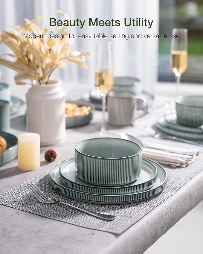 Famiware Star Dinnerware Set with Pasta Bowls, Service for 4 (16pcs), Ribbed Stoneware Plates and Double Bowls Dishes Sets - Chip & Scratch Resistant, Microwave & Dishwasher Safe, Smoky Blue