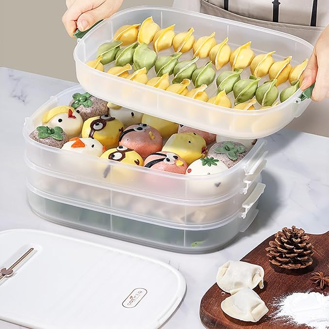 4-Layer Dumpling Storage Container – Freezer Organizer with Smart Timer, Good Sealing, Stackable Food Containers, Anti-Stick Base & Clip Lid (White Lid & Transparent Box)