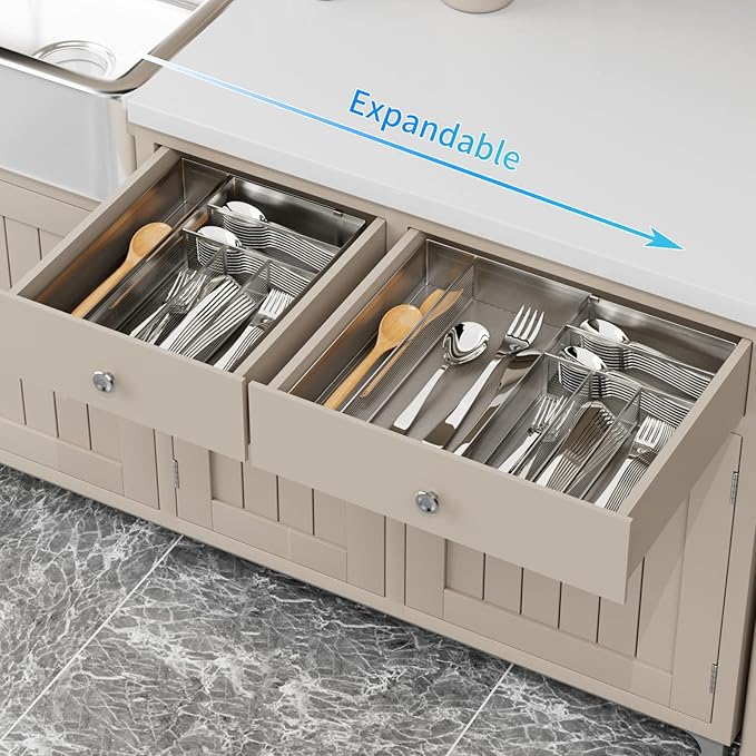 JANE EYRE Utensil Drawer Organizer - Expandable Cutlery Tray, Silverware/Flatware Storage Divider for Kitchen, Mesh Designing with Non-slip Rubber Feet (Silver)