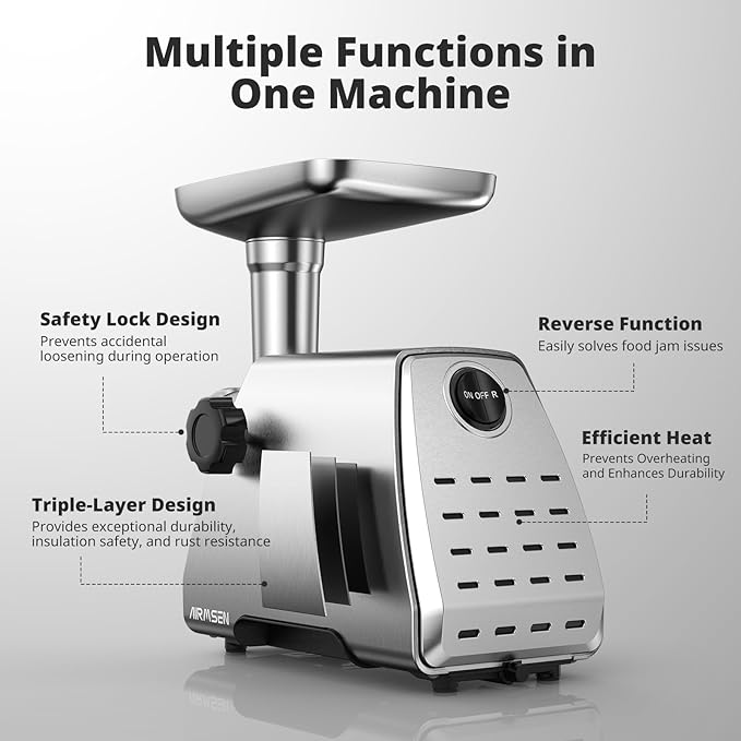 AIRMSEN Electric Meat Grinder – Heavy Duty Professional Stainless Steel Sausage Maker & Stuffer with 3 Plates, 2 Stainless Blades & Kubbe Kit – Fast, Quiet, Easy to Clean for Home Kitchen Use