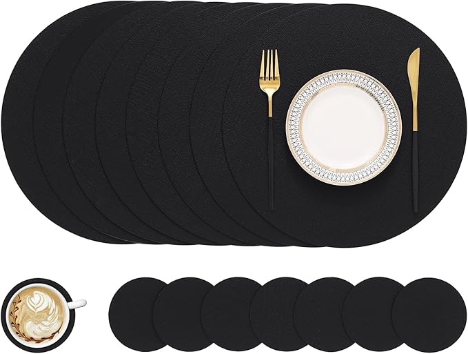 homing Round Faux Leather Placemat and Coaster 8 Packs, Washable Heat Resistant Dining Place Mats, Wipeable Double-Sided Table Mats for Indoor and Outdoor, Diameter 13 and 3.93 inch, Black