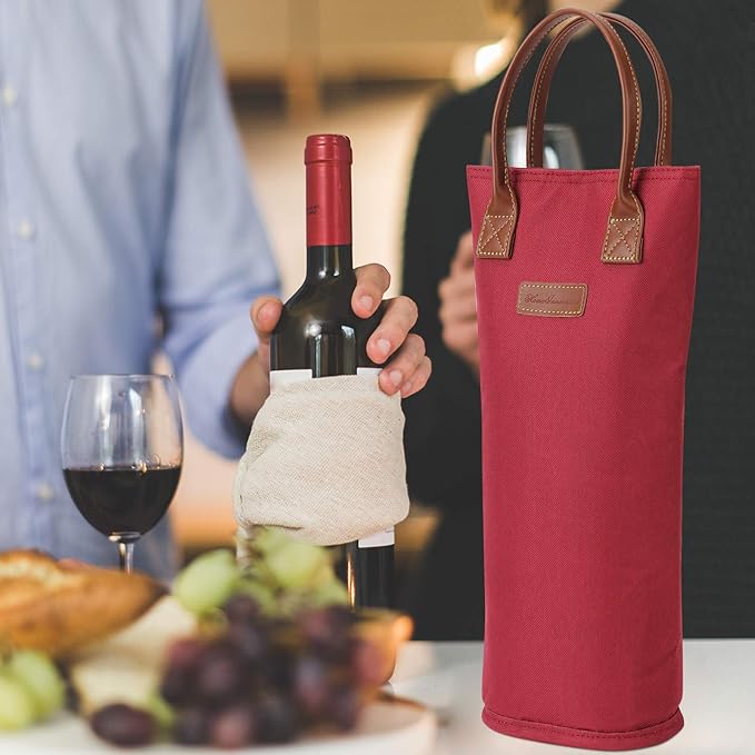 Single Bottle Insulated Wine Tote, 1 Bottle Wine Carrier Bag Padded Wine Cooler Perfect Wine Lover's or Wedding Gift-Red