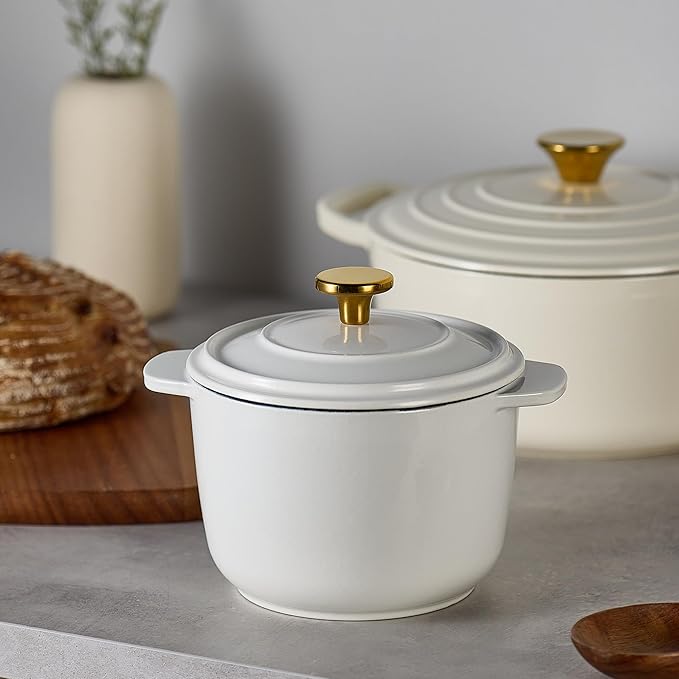 CAROTE 2QT Enameled Cast Iron Dutch Oven Pot with Lid, Mini Round Dutch Oven for Small Sourdough Bread, Stews, Soups, Sauces, Beans, Rice, Serves 1-2, Dual Handles, Healthy & Non-Toxic, All Stovetop Compatible, Oven Safe up to 500° F, White