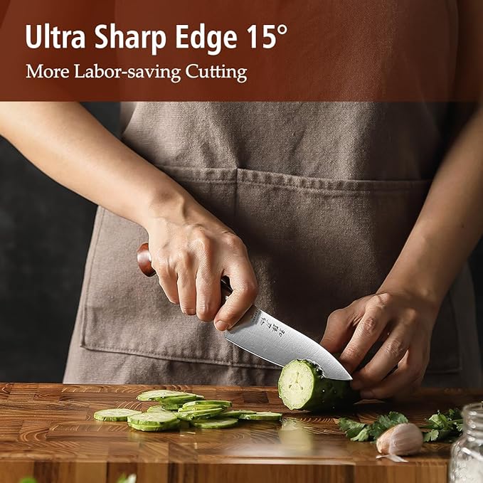 HEZHEN Petty Knife - 5.3” Chef Utility Knife, High Carbon German 1.4116 Stainless Steel Blade, Full Tang, Red Wood Handle, Premium Gift Box,