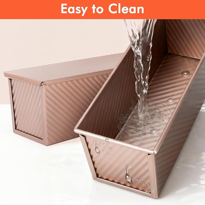 Beasea Pullman Loaf Pan with Lid, 2 Pack 2 lb Large Bread Loaf Pans 12x4inch Nonstick Carbon Steel Toast Box with Dough Scraper Set for Homemade Bread Bakeware Oven Baking - Rose Gold