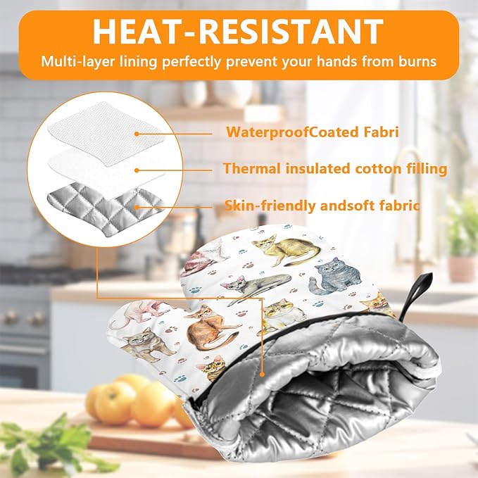 Cute Cats Oven Mitts and Pot Holders Sets 4Pcs,Extra Long Oven Gloves Potholder for Kitchen Cooking Baking BBQ 100% Cotton Heat Resistant