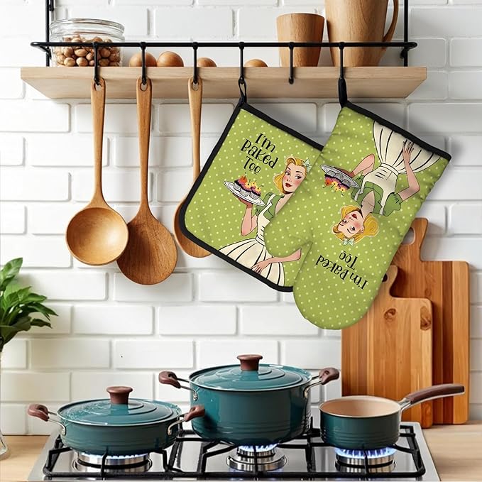 I'm Baked Too, Fun Oven Mitts and Potholders Set, Perfect for Baking Lovers, Bakers, Mom, Wife, Girlfriend Birthday Housewarming Gift, Fashionable Double-Sided Pattern