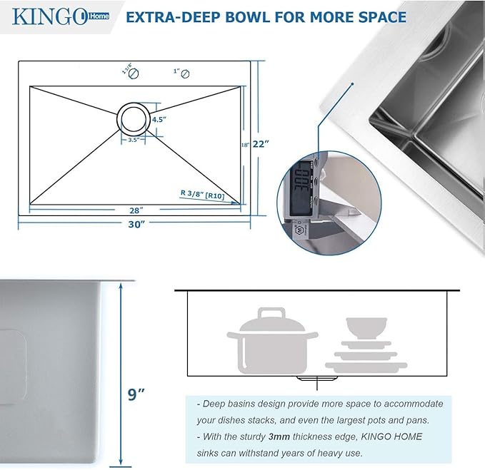 30 Inch Drop in Kitchen Sink, 30x18 Inch Brushed Nickel RV Laundry Utility Sink, Top Mount 16 Gauge Stainless Steel Single Bowl Deep Small Kitchen Sink