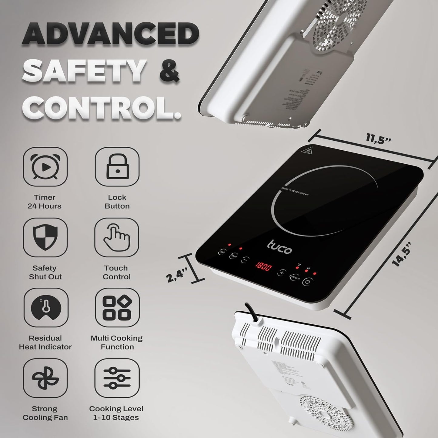 TUCO Portable Induction Cooktop Burner Hot Plate Electric Stove with Shatter-Proof Ceramic Glass, LCD Sensor Touch, ETL Certified, 20 Cooking Modes, 1800 Watts