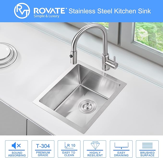 Bar Sink, ROVATE 13 x 15 inch Undermount Bar or Kitchen Sink, Handmade Single Bowl T-304 Stainless Steel Small Wet Bar Sinks