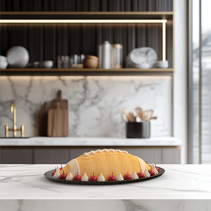 Football Cake Pan with Scraper - 12 Inch Nonstick Football Shaped Silicone Mold for Baking, 3D Breakable Chocolate Mold, Sports-Themed Party