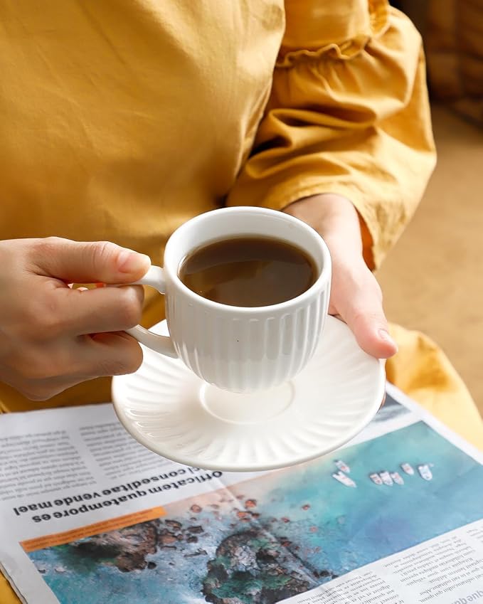 Hasense Porcelain Cappuccino Cups and Saucers Set of 4,White Ribbed 6 Oz Demitasse Tea Cup with big Handle, Mugs Set for Coffee,Tea,Latte and Mocha, Aesthetic Gift for Anniversary or Holiday