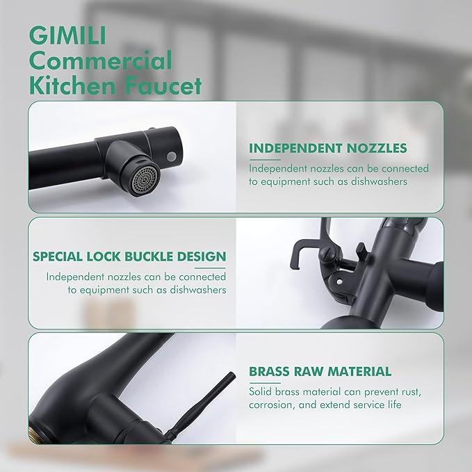GIMILI Kitchen Faucet with LED Single Handle Kitchen Sink Faucet with Pull Down Sprayer Commercial Double-Headed Stainless Steel Kitchen Faucets Sink with Deck Plate Matte Black
