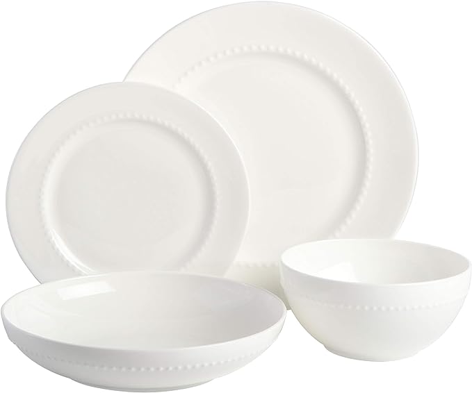 Gibson Elite Embossed Bone China 16-Piece Double Bowl Dinnerware Set, Service for 4 – White Elegant Plates and Bowls