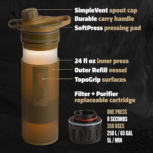 GRAYL GeoPress 24 oz Water Purifier Bottle - Filter for Hiking, Camping, Survival, Travel (Coyote Brown)