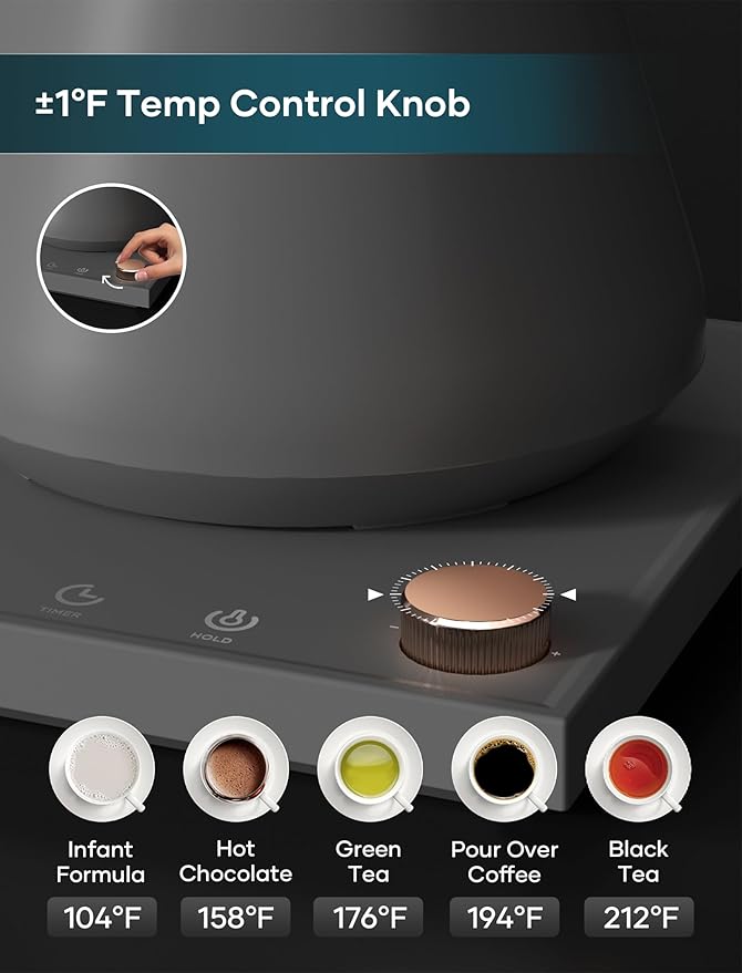 Gooseneck Electric Kettle with Precise ±1℉ Temperature Control, Wood-Accented Handle, Stainless Steel Interior, Quick Heating Pour Over Kettle for Coffee & Tea, 0.9L, Matte Grey