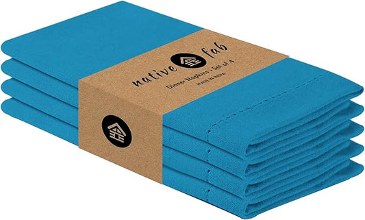 Native Fab Set of 4 Cotton Cloth Napkins, 18x18 inch, Hemstitch Mitered Corners, Soft, Absorbent, Durable Fabric, Reusable Linen Napkins for Wedding, Lunch, Dinner, and Everyday Use - Turquoise Blue